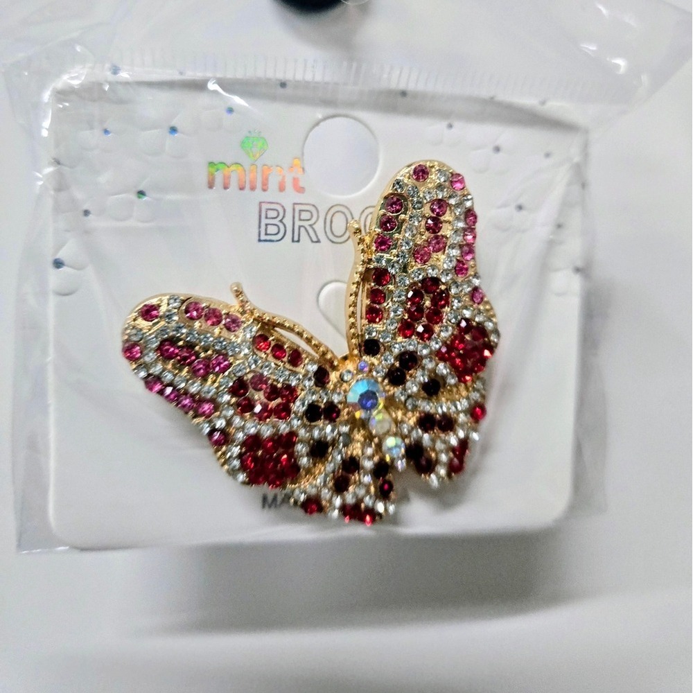 Red & Pink, Mint Colorful Crystal Butterfly Brooch
